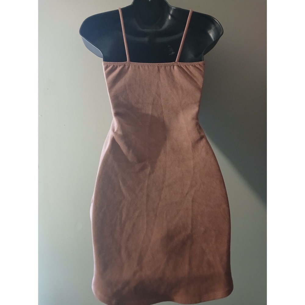 Faux Suede Bodycon Mini Dress Deep V-Neck Spaghetti Strap Dusty Rose Pink - Picture 6 of 6